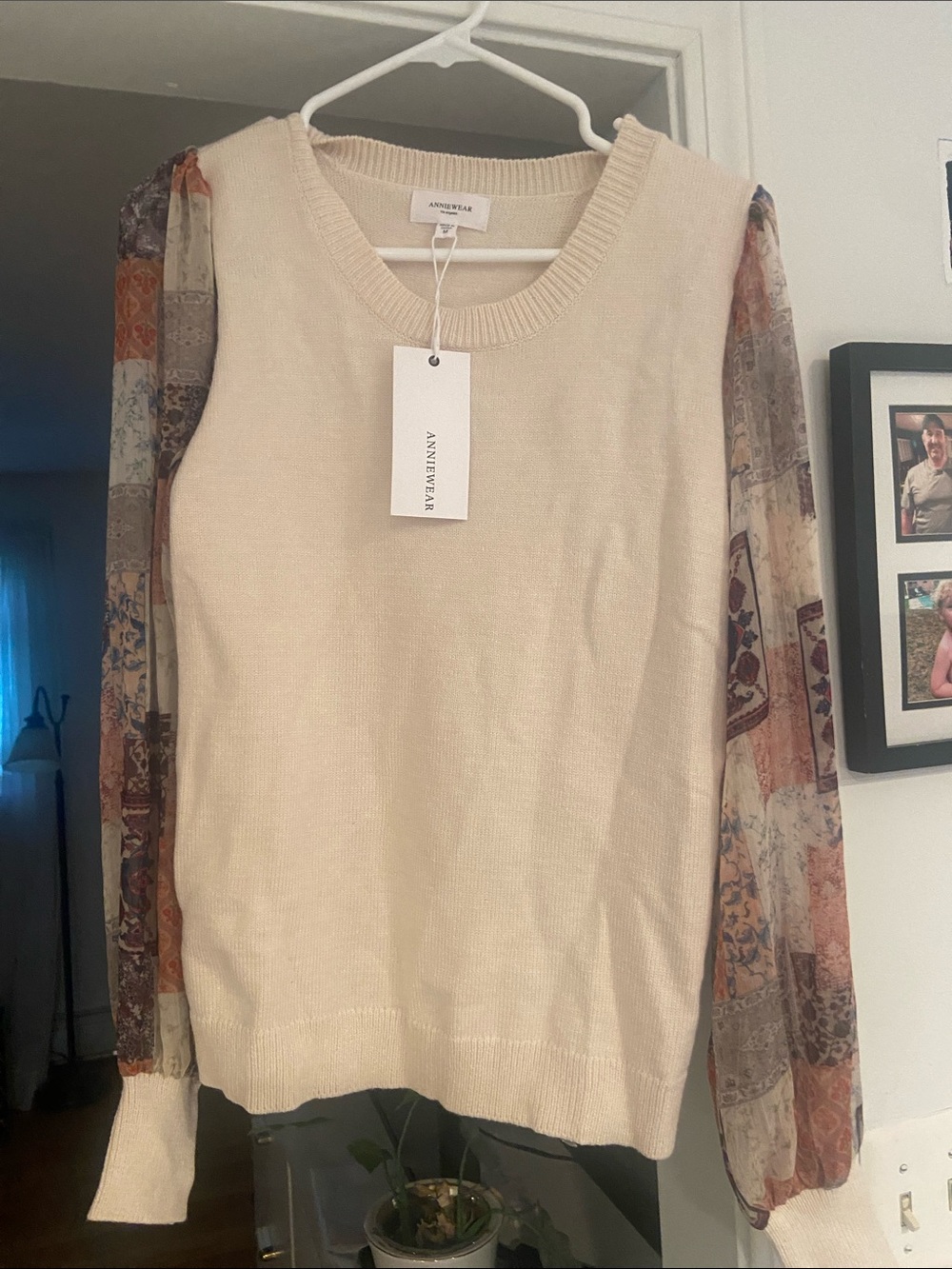 Annie Cream Sweater with Patterned Sheer Patchwork Sleeves